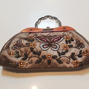 Unique Satin Beaded purse with embroidered butterfly and flowers